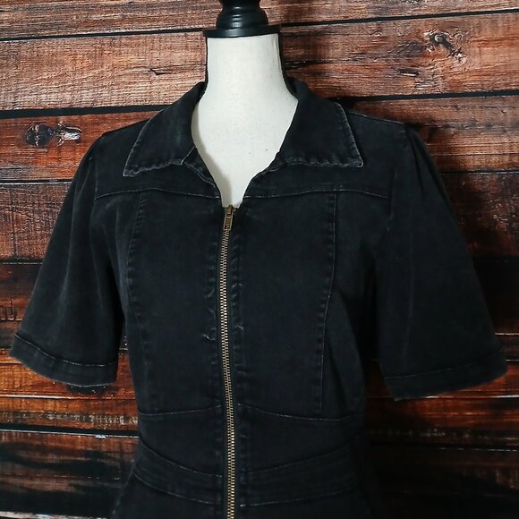 She + Sky Dress M Washed Black Denim Full Zip Pockets Half Sleeve Stretch - Picture 3 of 10